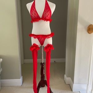 Red lace lingerie set with stockings